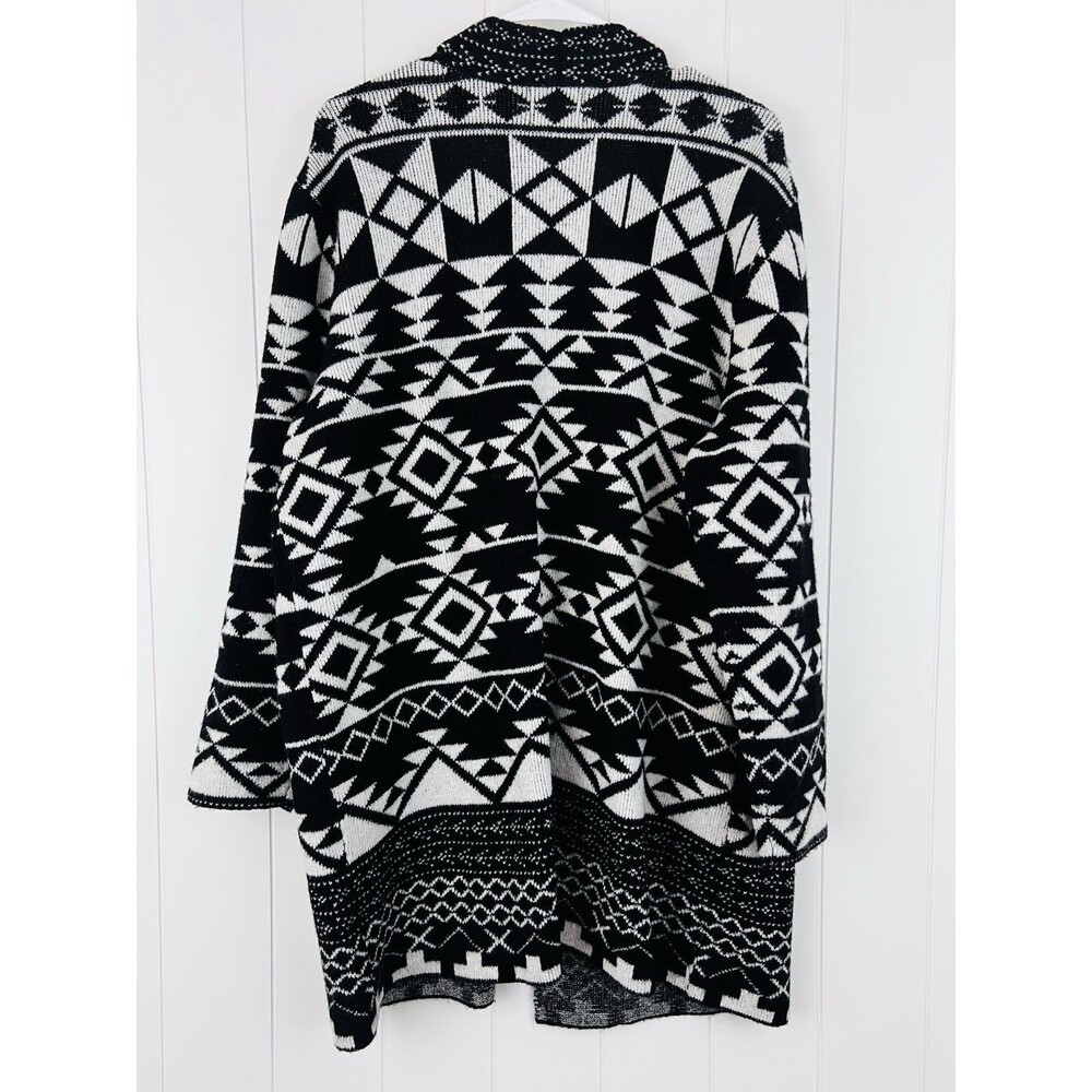 Frye Black White Geometric Jacquard Open Front Cardigan Sweater Aztec Boho XL - Picture 7 of 8